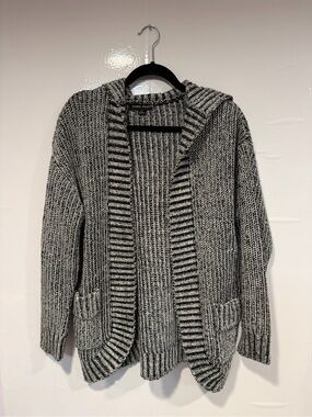 Caroline Morgan Black & White Marled Hooded Cardigan Sweater